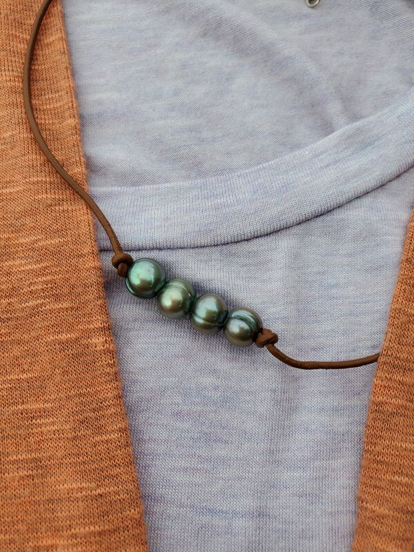 green pearl leather necklace with top and jacket